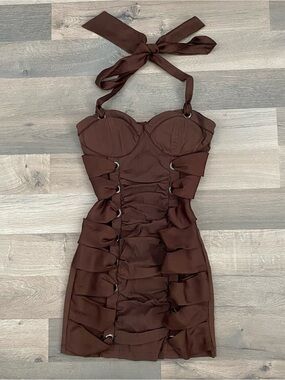 Vintage Y2K Brown Corset Mini Dress Adjustable Straps Size S Goth Festival Sexy